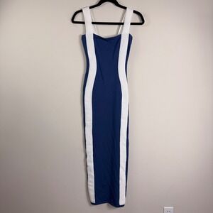 JLUXLABEL Womens Blue White Ribbed Colorblock Bodycon Maxi Dress Small